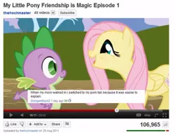 Size: 500x382 | Tagged: safe, derpibooru import, edit, edited screencap, screencap, fluttershy, spike, dragon, pegasus, pony, friendship is magic, artifact, brony, closet brony, female, male, mare, text, youtube