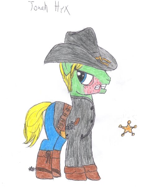 Size: 3060x3960 | Tagged: artist:aridne, dc comics, derpibooru import, gun, handgun, jonah hex, ponified, revolver, safe, scar, solo, traditional art