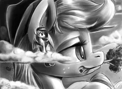 Size: 900x659 | Tagged: safe, artist:tsitra360, derpibooru import, applejack, rainbow dash, pony, big-apple-pony, cloud, cowboy hat, duo, freckles, giant pony, hat, macro, monochrome, mouth hold, sky, stetson, tree