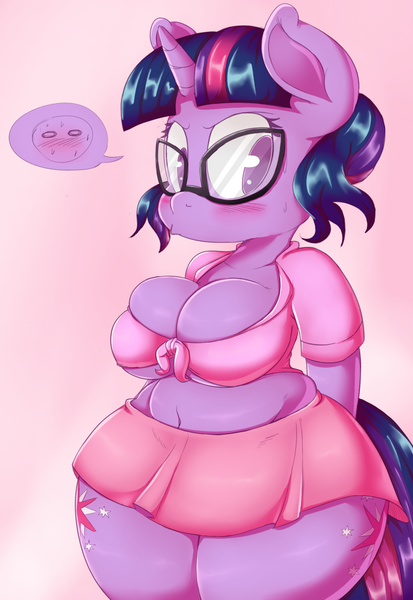 Size: 1280x1860 | Tagged: anthro, artist:graphenescloset, artist:purple-yoshi-draws, belly button, blushing, breasts, busty twilight sparkle, cleavage, derpibooru import, female, glasses, solo, solo female, suggestive, thighlight sparkle, thunder thighs, twilight sparkle