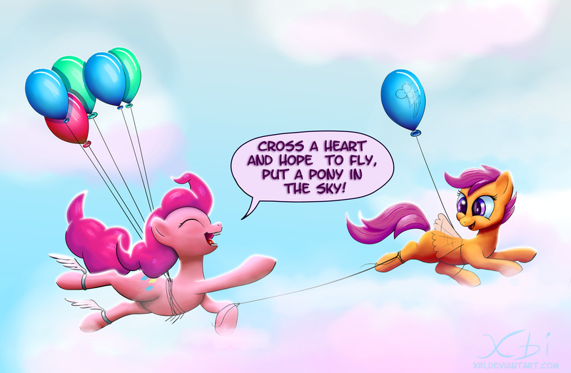 Size: 4018x2627 | Tagged: safe, artist:xbi, derpibooru import, pinkie pie, rainbow dash, scootaloo, pony, absurd resolution, balloon, cloud, cute, cutealoo, diapinkes, eyes closed, flapping, flying, happy, hnnng, looking back, missing cutie mark, open mouth, scootaloo can fly, scootalove, sky, smiling, string, then watch her balloons lift her up to the sky, wallpaper