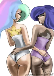 Size: 900x1274 | Tagged: alternative cutie mark placement, artist:yusutina, ass, clothes, cutie mark on human, derpibooru import, female, human, humanized, incest, lesbian, light skin, looking at you, looking back, moderate dark skin, moonbutt, one-piece swimsuit, plot pair, princess celestia, princess luna, princest, royal sisters, shipping, simple background, smiling, suggestive, sunbutt, swimsuit, wedgie, white background