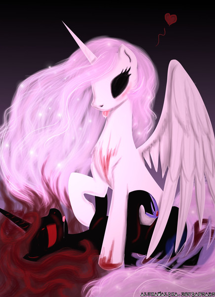 Size: 1551x2139 | Tagged: grimdark, questionable, artist:helenasherzblut, derpibooru import, princess celestia, oc, princess molestia, :p, blood, blushing, drool, heart, on back, open mouth, rape, sex, spread wings, tongue out