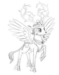 Size: 900x1138 | Tagged: artist:sirzi, branches for antlers, deer, deer oc, derpibooru import, eikerren, monochrome, non-pony oc, oc, oc:prince vernalis, original species, peryton, raised hoof, safe, solo, traditional art, unofficial characters only, wings