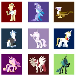 Size: 466x466 | Tagged: safe, artist:steveholt, derpibooru import, part of a set, fancypants, fleur-de-lis, flim, gilda, prince blueblood, princess cadance, queen chrysalis, trixie, oc, oc:fausticorn, alicorn, gryphon, pony, alicorn oc, lauren faust, minimalist