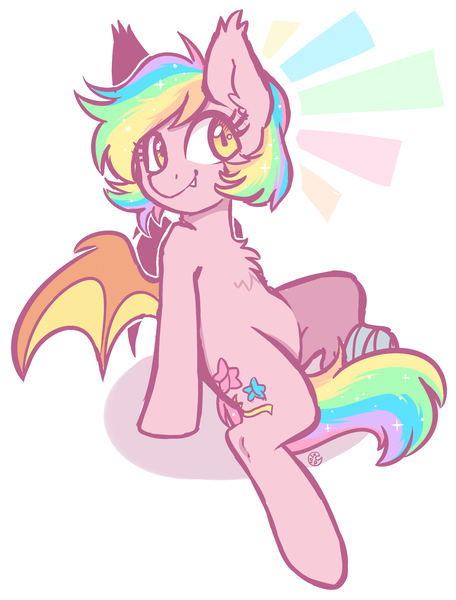 Size: 1900x2500 | Tagged: safe, artist:hawthornss, derpibooru import, oc, oc:paper stars, unofficial characters only, bat pony, pony, amputee, chest fluff, cute, cute little fangs, ear fluff, fangs, female, rainbow hair, simple background, smiling, solo, sparkles