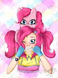 Size: 1836x2448 | Tagged: artist:alezayku, clothes, derpibooru import, gloves, grin, human, humanized, human ponidox, piggyback ride, pinkie being pinkie, pinkie pie, safe, smiling