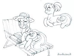 Size: 1004x758 | Tagged: artist:brianblackberry, book, cheerilee, derpibooru import, flowerbutt, hat, monochrome, plot, ponytail, prone, safe, sketch, solo, underhoof