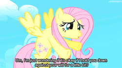 Size: 500x281 | Tagged: safe, derpibooru import, edit, edited screencap, screencap, fluttershy, pegasus, pony, the return of harmony, animated, caption, cute, dialogue, episode quote, female, flying, image macro, mare, meme, out of context, out of context quote, subtitles, text