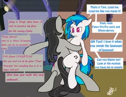 Size: 1100x850 | Tagged: suggestive, artist:jaomt2015, derpibooru import, octavia melody, vinyl scratch, awkward moment, dancing, female, flirting, implied tribadism, lesbian, scratchtavia, shipping, vulgar