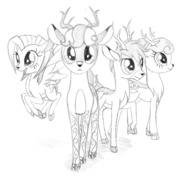 Size: 1200x1129 | Tagged: artist:sirzi, deer, deer four, deer oc, derpibooru import, fordeer, monochrome, nordeer, oc, oc:hazel nut, oc:niceprill, oc:stemlet mind, oc:windy leaves, original species, peryton, safe, traditional art, unofficial characters only, vitrung