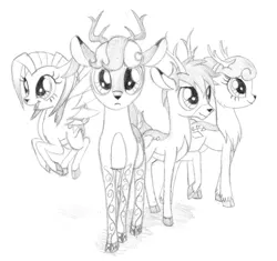 Size: 1200x1129 | Tagged: artist:sirzi, deer, deer four, deer oc, derpibooru import, fordeer, monochrome, nordeer, oc, oc:hazel nut, oc:niceprill, oc:stemlet mind, oc:windy leaves, original species, peryton, safe, traditional art, unofficial characters only, vitrung