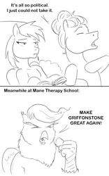 Size: 625x1000 | Tagged: safe, derpibooru import, rainbow dash, zephyr breeze, gryphon, pony, flutter brutter, book, comic, dialogue, donald trump, grayscale, make america great again, monochrome, politics