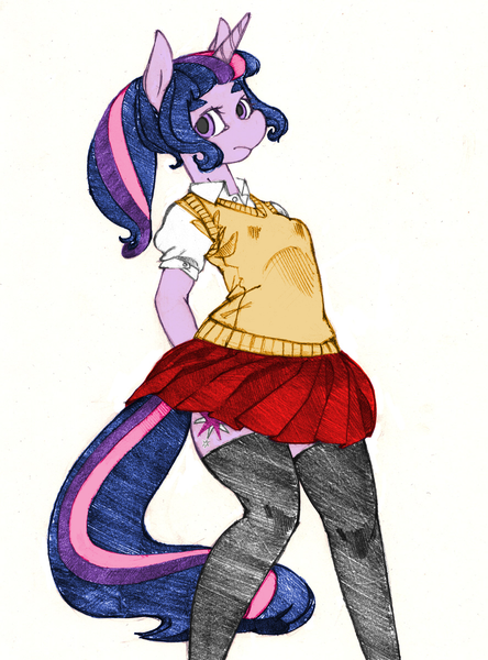 Size: 887x1200 | Tagged: alternate hairstyle, anthro, artist:yachimata, clothes, colored, color edit, derpibooru import, edit, pencil drawing, ponytail, safe, school uniform, socks, solo, stockings, thigh highs, traditional art, twilight sparkle