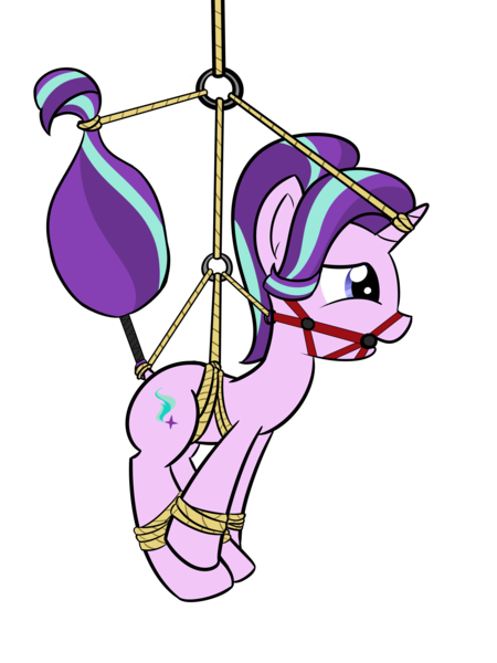 Size: 3120x4160 | Tagged: suggestive, artist:polarnight, derpibooru import, starlight glimmer, ballgag, bondage, bondage furniture, gag, image, png, rope, solo, suspended, suspension bondage, tail, tail holder, tail pull, tail wrap