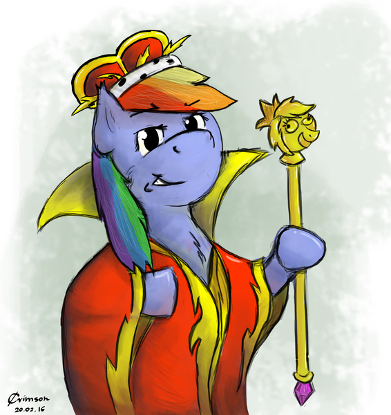 Size: 1887x2000 | Tagged: artist:crimson, cane, clothes, color, crown, derpibooru import, gold, hoof hold, queen, rainbow dash, red, robe, rod, safe