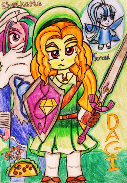 Size: 965x1383 | Tagged: safe, artist:blazingdazzlingdusk, derpibooru import, adagio dazzle, aria blaze, sonata dusk, equestria girls, rainbow rocks, crossover, drawing, link, navi, sheik, sheikah, sword, the dazzlings, the legend of zelda, the legend of zelda: ocarina of time, totally 90's art challenge, traditional art, weapon