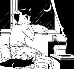 Size: 1254x1164 | Tagged: alternate hairstyle, anthro, artist:spectralunicorn, bed, black and white, clothes, curtains, derpibooru import, european plug, grayscale, mobile phone, monochrome, moon, phone, plug, radiator, sad, safe, sheet, shirt, solo, twilight sparkle, window