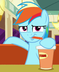 Size: 308x373 | Tagged: animated, caption, cropped, crying, cup, derpibooru import, drink, drinking, drinking tears, edit, edited screencap, meme, rainbow dash, rainbow dash is best facemaker, reaction image, safe, screencap, sipping, solo, straw, text, the saddle row review, your tears are delicious
