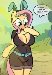 Size: 2100x3000 | Tagged: adorasexy, anthro, arm hooves, artist:an-tonio, artist:pananovich, big breasts, blushing, breasts, bunny ears, busty fluttershy, cleavage, clothes, costume, cute, dangerous mission outfit, derpibooru import, edit, female, fluttershy, goggles, hoodie, plump, sexy, solo, solo female, suggestive