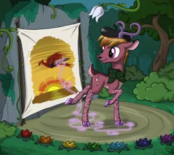 Size: 1456x1300 | Tagged: artist:sirzi, beret, bird, canvas, deer, deer magic, deer oc, derpibooru import, flower, forest, hat, magic, non-pony oc, oc, original species, paintbrush, painter, painting, safe, solo, tree, unofficial characters only, vitrung