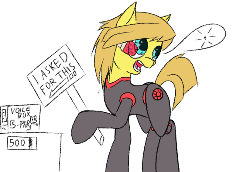 Size: 1450x1024 | Tagged: safe, artist:frecklesfanatic, derpibooru import, oc, oc:harvest song, unofficial characters only, cyborg, earth pony, pony, amputee, i never asked for this, mute, pony randomizer challenge, prosthetic limb, prosthetics, sigh, solo