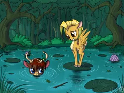 Size: 2000x1500 | Tagged: artist:sirzi, deer, deer oc, derpibooru import, duo, forest, non-pony oc, oc, oc:hazel nut, oc:windy leaves, peryton, pond, safe, unofficial characters only, water