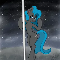 Size: 800x800 | Tagged: suggestive, artist:jaomt2015, derpibooru import, oc, oc:ghost lily, unofficial characters only, pony, bipedal, bipedal leaning, solo, stripper pole