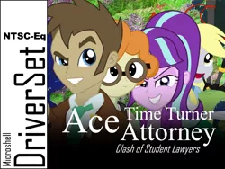 Size: 800x600 | Tagged: safe, derpibooru import, derpy hooves, doctor whooves, scribble dee, starlight glimmer, time turner, equestria girls, ace attorney, background human, game cover, parody, phoenix wright, wat