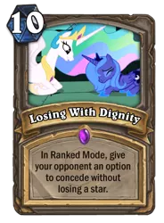 Size: 400x543 | Tagged: safe, derpibooru import, edit, edited screencap, screencap, princess celestia, princess luna, pony, friendship is magic, card, castle of the royal pony sisters, hearthstone, meta, royal sisters, s1 luna, warcraft