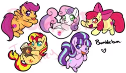 Size: 893x520 | Tagged: safe, artist:bumblebun, derpibooru import, apple bloom, scootaloo, starlight glimmer, sunset shimmer, sweetie belle, pony, book, cute, cutie mark, cutie mark crusaders, female, filly, open mouth, reading, simple background, the cmc's cutie marks, tongue out, white background, wink