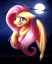 Size: 2500x3100 | Tagged: safe, artist:klarapl, derpibooru import, fluttershy, pegasus, pony, bust, chest fluff, fangs, floppy ears, full moon, looking at you, moon, night, one eye closed, portrait, raised hoof, simple background, smiling, solo, wingding eyes, wings, wink
