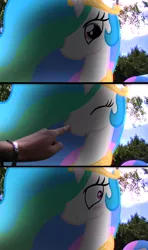 Size: 3840x6480 | Tagged: safe, artist:ashidaru, artist:bastbrushie, derpibooru import, princess celestia, alicorn, human, pony, :t, absurd resolution, blushing, boop, comic, cute, cutelestia, eyes closed, female, finger, frown, hand, irl, irl human, looking at you, looking away, mare, photo, ponies in real life, scrunchy face, shadow, solo focus, tree, vector, wavy mouth, wide eyes