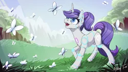 Size: 1024x576 | Tagged: safe, artist:arctic-fox, derpibooru import, oc, oc:raribot, unofficial characters only, butterfly, pony, robot, robot pony, unicorn, cute, cutie mark, female, grass, hooves, horn, mare, meadow, open mouth, raribot, solo, teeth, tree