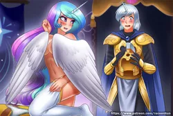 Size: 1125x750 | Tagged: suggestive, alternate version, artist:racoonsan, derpibooru import, princess celestia, oc, oc:silver sickle, human, alicorn humanization, armor, belly button, blushing, breasts, busty princess celestia, canon x oc, cleavage, clothed male nude female, clothes, commission, covering, dressing, embarrassed, embarrassed nude exposure, female, helmet, horned humanization, humanized, male, nudity, open mouth, panties, royal guard, scar, shipping, silvestia, socks, straight, thigh highs, underwear, white underwear, wing covering, winged humanization, wings