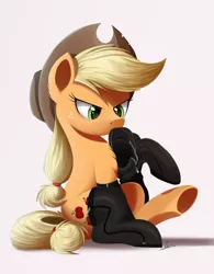Size: 1092x1400 | Tagged: safe, artist:ncmares, derpibooru import, applejack, earth pony, pony, angry, boots, clothes, female, fireproof boots, freckles, hat, mare, mouth hold, simple background, sitting, socks, solo, stockings, thigh highs, underhoof, zipper