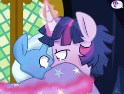 Size: 2470x1870 | Tagged: safe, artist:yaaaco, derpibooru import, trixie, twilight sparkle, twilight sparkle (alicorn), alicorn, pony, covering, dusk shine, female, half r63 shipping, kissing, male, prince dusk, rule 63, shipping, story in the source, straight, trixie's cape, trixshine, twixie
