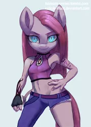 Size: 500x700 | Tagged: dead source, suggestive, artist:raikoh, derpibooru import, pinkie pie, anthro, armpits, belly button, clothes, jeans, midriff, pants, pinkamena diane pie, solo, tattoo