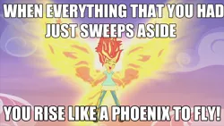 Size: 1366x768 | Tagged: safe, derpibooru import, screencap, sunset shimmer, phoenix, equestria girls, my past is not today, breaking point, caption, meme, song reference, sunset phoenix