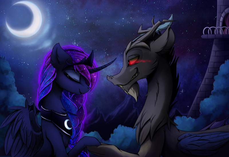 Size: 1500x1030 | Tagged: safe, artist:magnaluna, derpibooru import, discord, princess luna, braid, crescent moon, female, glowing eyes, lunacord, male, moon, night, red eyes, shipping, stars, straight