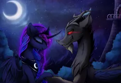 Size: 1500x1030 | Tagged: safe, artist:magnaluna, derpibooru import, discord, princess luna, braid, crescent moon, female, glowing eyes, lunacord, male, moon, night, red eyes, shipping, stars, straight