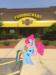 Size: 2448x3264 | Tagged: derpibooru import, exterior, fuddruckers, hoof on head, illinois, implied ponies eating meat, irl, mane patting, photo, pinkie pie, ponies in real life, rainbow dash, restaurant, safe, schaumburg, storefront