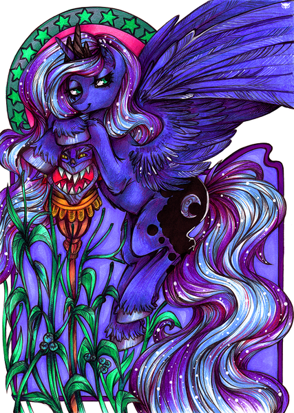 Size: 711x1000 | Tagged: artist:madblackie, derpibooru import, fine art parody, modern art, monster, nouveau, princess luna, s1 luna, safe, solo, spread wings, staff, traditional art, unshorn fetlocks