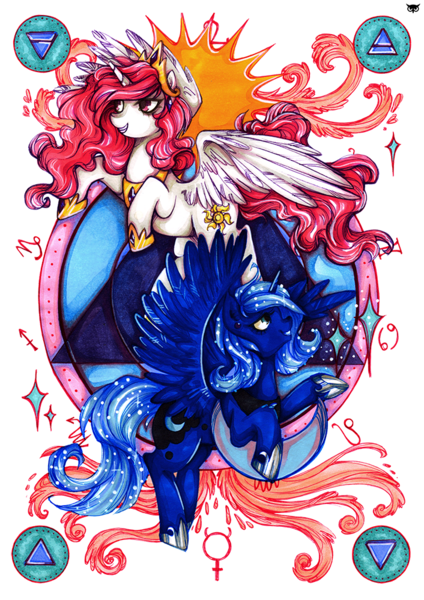 Size: 706x1000 | Tagged: artist:madblackie, cewestia, cute, derpibooru import, filly, grin, moon, pink-mane celestia, princess celestia, princess luna, royal sisters, safe, smiling, sun, traditional art, woona