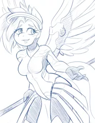 Size: 1280x1656 | Tagged: anthro, artist:ambris, crossover, derpibooru import, female, fluttershy, mercy, mercyshy, monochrome, overwatch, pegasus, safe, smiling, solo