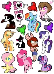 Size: 1700x2338 | Tagged: safe, artist:bloody-pink, derpibooru import, applejack, fluttershy, pinkie pie, rainbow dash, rarity, twilight sparkle, earth pony, human, pegasus, pony, unicorn, belly button, black cat, eye, eyeball, mane six, midriff, plague doctor, plague doctor mask, sticker, tube top, unicorn twilight