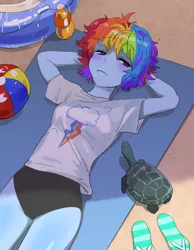 Size: 700x900 | Tagged: artist:quizia, beach, beach ball, blushing, bottle, breasts, chillaxing, clothes, cute, derpibooru import, female, floaty, human, humanized, inner tube, juice, looking at you, on back, one-piece swimsuit, pony coloring, rainbow dash, relaxing, safe, sand, sandals, shade, solo, summer vacation, swimsuit, tank, tortoise