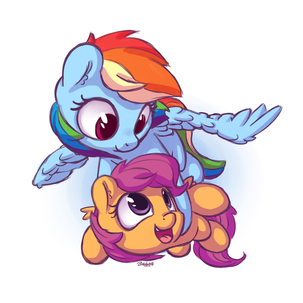 Size: 1200x1200 | Tagged: safe, artist:bobdude0, derpibooru import, rainbow dash, scootaloo, pegasus, pony, cute, cutealoo, dashabetes, female, filly, flying, happy, heartwarming, mare, open mouth, scootalove, simple background, smiling, sweet dreams fuel, white background