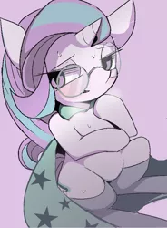Size: 599x816 | Tagged: safe, artist:ccc, derpibooru import, starlight glimmer, trixie, pony, unicorn, bedroom eyes, blushing, cape, chibi, clothes, cute, female, glasses, glimmerbetes, hat, implied shipping, implied startrix, lesbian, looking at you, mare, shipping, solo, startrix, sweat, trixie's hat, wizard hat
