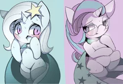 Size: 1199x816 | Tagged: safe, artist:ccc, derpibooru import, starlight glimmer, trixie, pony, unicorn, blushing, cape, chibi, clothes, cute, diatrixes, female, glasses, glimmerbetes, hat, lesbian, mare, shipping, startrix, sweat, trixie's hat, wizard hat